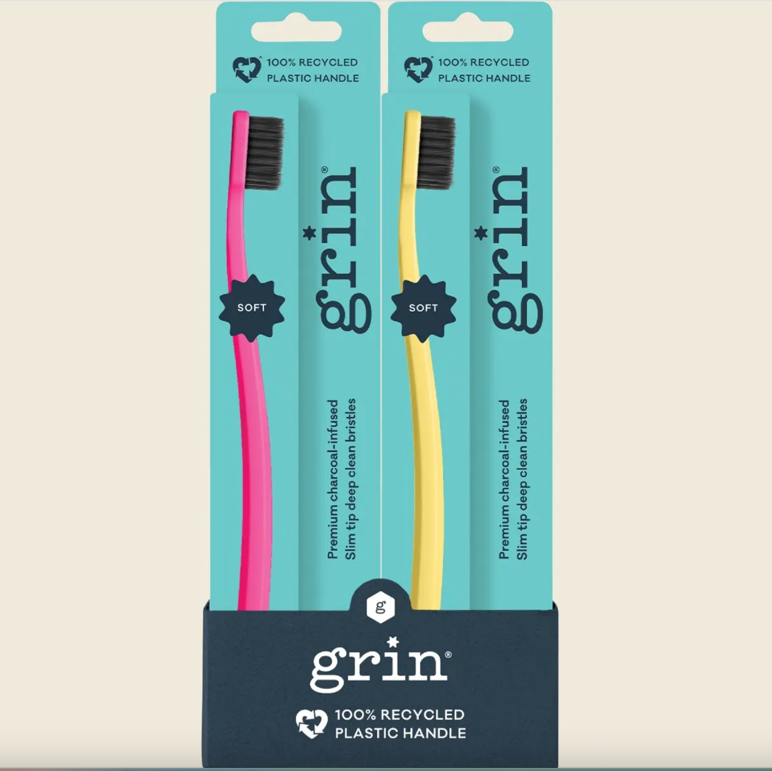 Grin - 100 % Recycled v Toothbrush Pink & Yellow Assorted