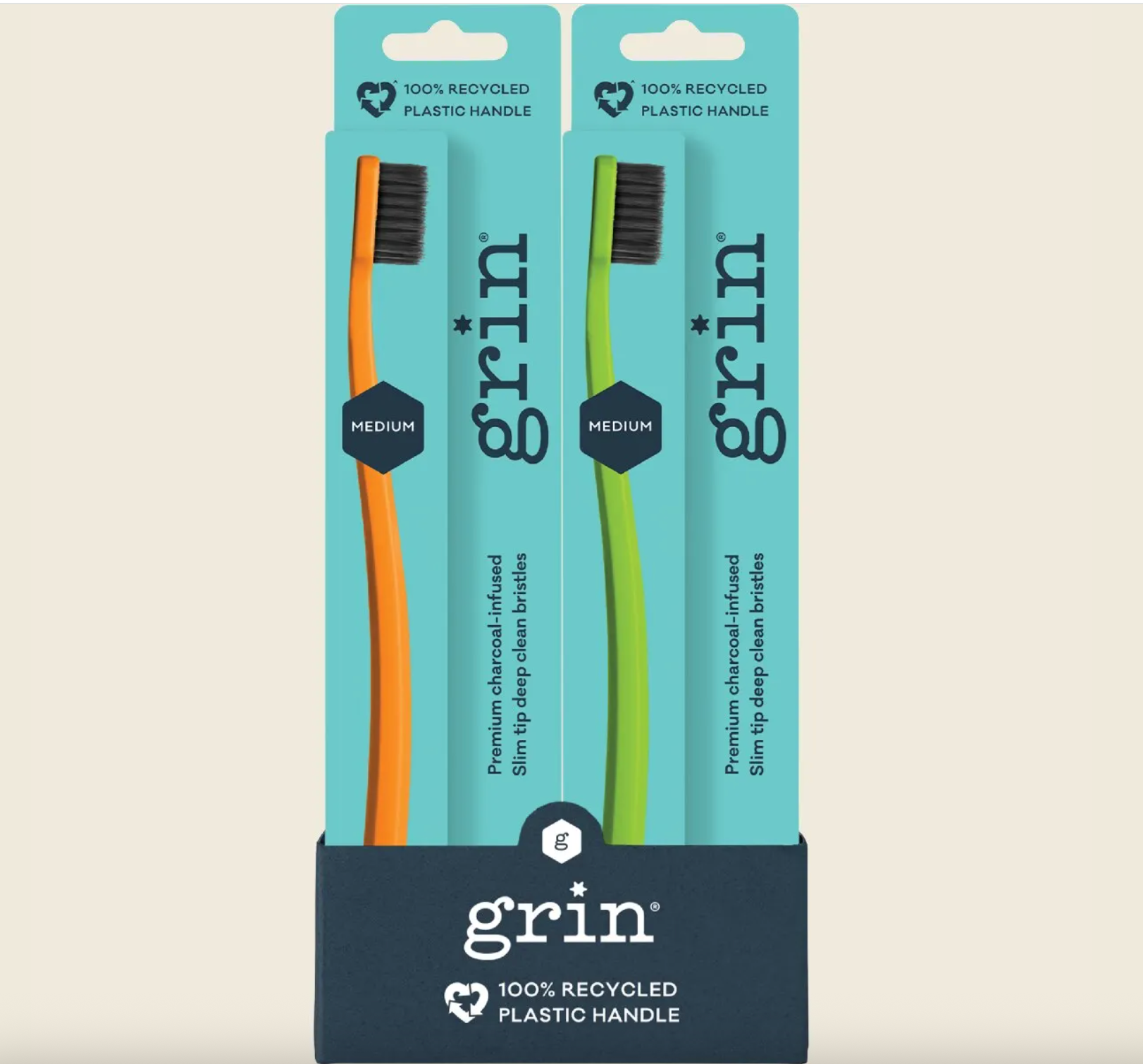 Grin -  100% Recycled Medium Toothbrush Orange & Green Assorted